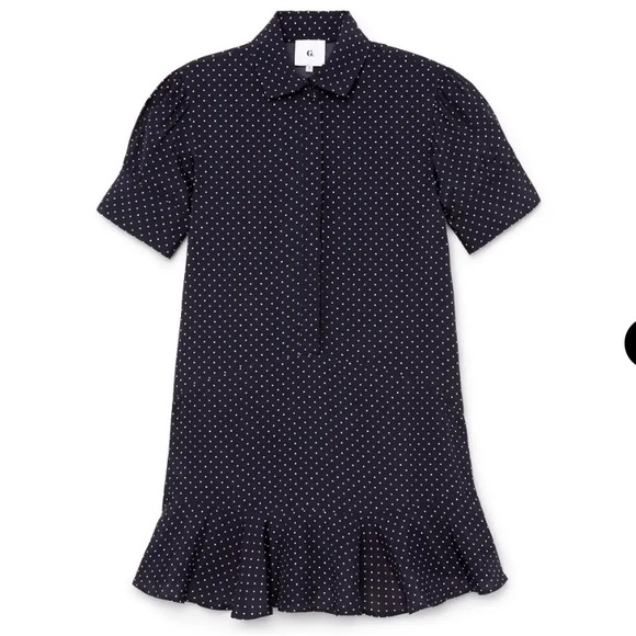G. Label by Goop Dresses & Skirts - G. label by GOOP denise mini shirt dress navy blue white polka dot 6 ruffle hem